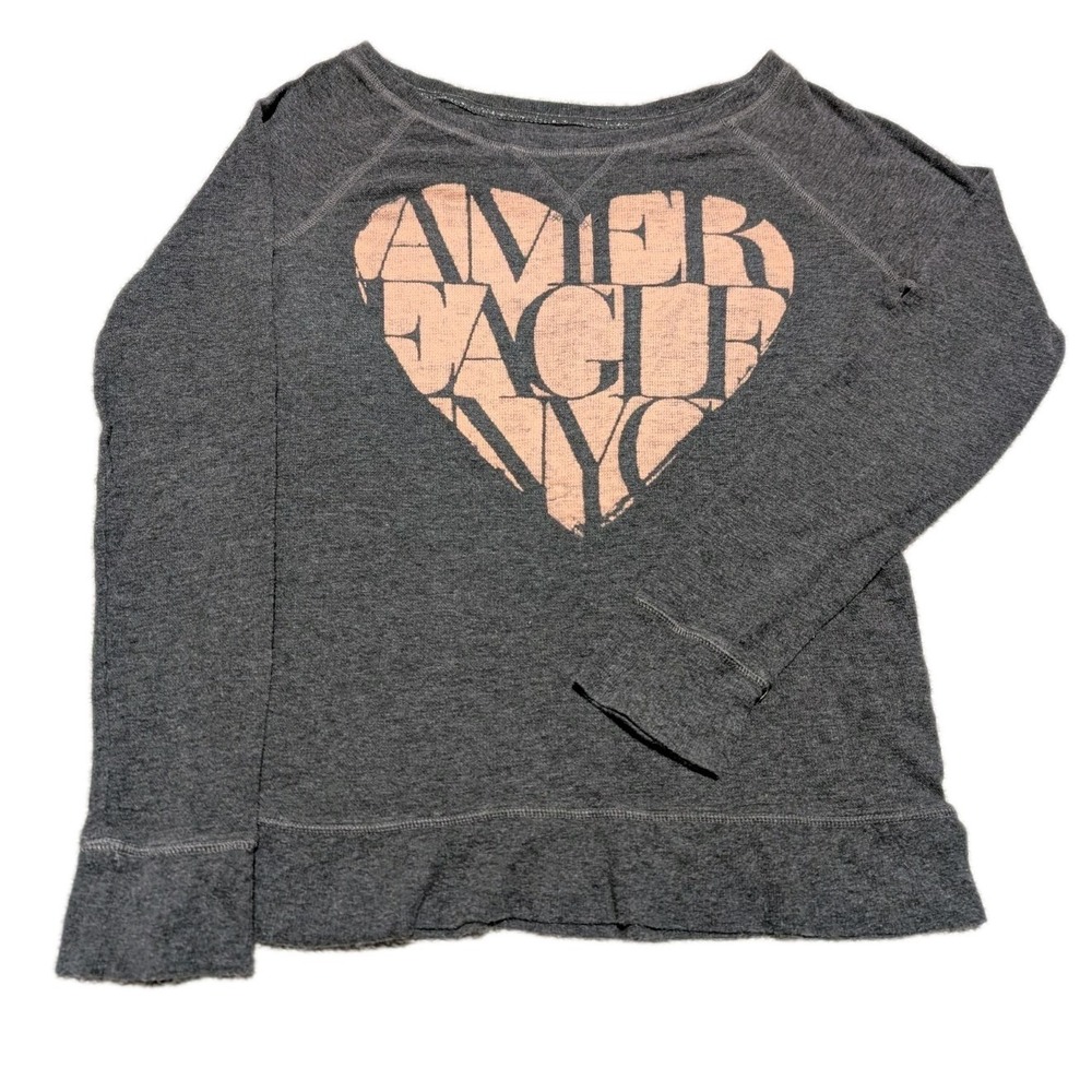 American Eagle Top Womens XL Grey Heart Graphic Feather Light Raglan Scoop Neck